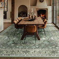 Area Rugs Square 10ft Washable Non-Slip, Floral Vintage Distress Print Pattern Medallion Carpet for Living Room Bedroom Dining Room, Dark Green Gray