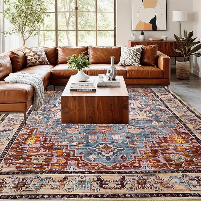 8x10 Large Area Rugs for Living Room, Washable Vintage Rugs-Low Pile Carpet, Non-Slip Soft Distressed Printed Patterns Rugs for Bedroom, Dining Room, Rust Brown