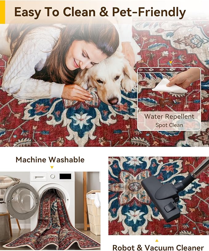 Area Rugs 9'x12' Washable Non-Slip, Floral Vintage Distress Print Pattern Medallion Carpet for Living Room Bedroom Dining Room, Red Blue
