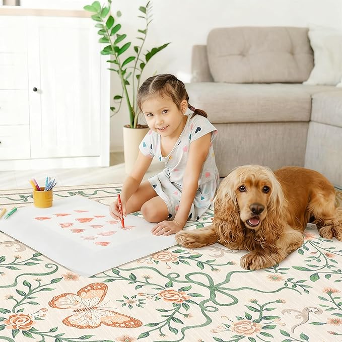 GarveeHome Floral Area Rug 4x6 Entryway Rug Low Pile Bedroom Beige Bow Rugs Non Slip Stain Resistant Dining Room Throw Carpet Small Living Room Butterfly Rugs Soft Boho Mats for Kitchen Nursery, 4x6