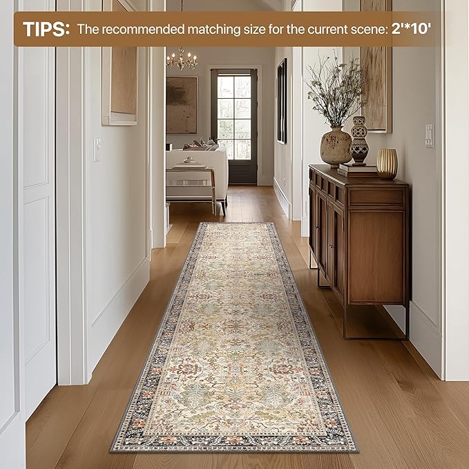 Bavni Bedroom Rug Runners for Hallways, Washable Runner Rug 2x7, Low Pile Non-Slip Indoor Throw Carpet for Bedroom Laundry Room, Ivory/Teal