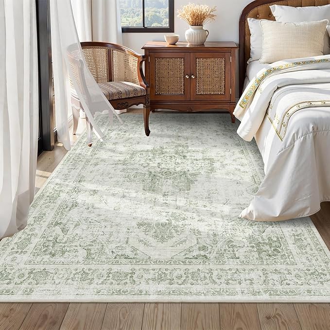 6x9 Vintage Washable Area Rugs Boho Medallion Large Distressed Retro Accent Carpet Floral Non-Slip Soft Low Pile Indoor Throw Rug for Living Room Bedroom Dining Room Office Kitchen, Green