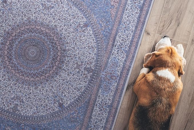 GLN Rugs Traditional Collection - Machine Washable Area Rug, Traditional Washable, Non Slip, Low Pile Chenille Rug, Living Room, Bedroom, Kitchen Rug (2' x 3' Navy/Off White)