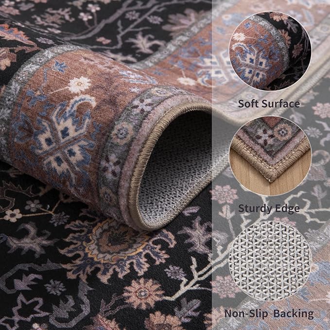 Ciicool Small Area Rug, 2x3ft Boho Black Rug, Ultra Soft Entry Rugs for Entryway, Non-Slip Washable Rugs Oriental Low-Pile Indoor Mat Floor Carpet for Entrance Bedroom Kitchen Bathroom Foyer Decor