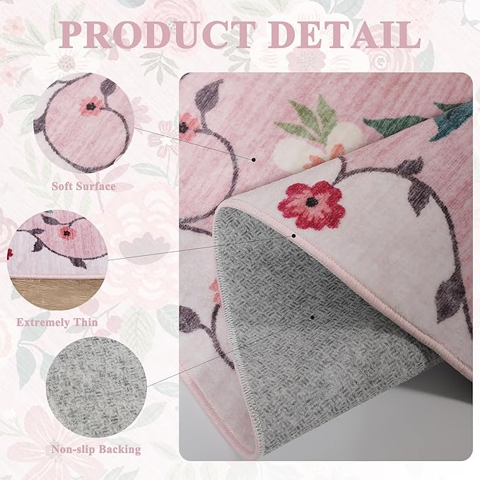 DUKINO 6x9 Area Rug, Floral Rugs for Living Room, Lightweight Non Slip Washable Rug, Indoor Low Pile & Non-Shedding Boho Design Rugs for Bedroom, Living Room, Dining Room, Pink