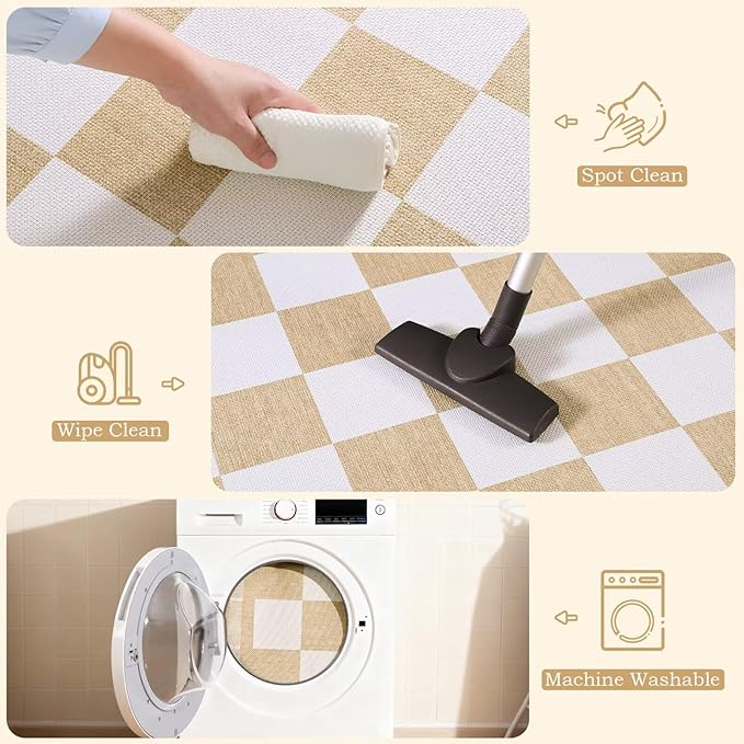 Vasofe 2x6 Runner Rug for Hallway, Washable Checkered Jute Rugs, Outdoor Indoor Patio Porch Balcony Bedroom Kitchen Laundry Geometric Mat, Non Slip Plaid Farmhouse Design Carpet, Khaki and White