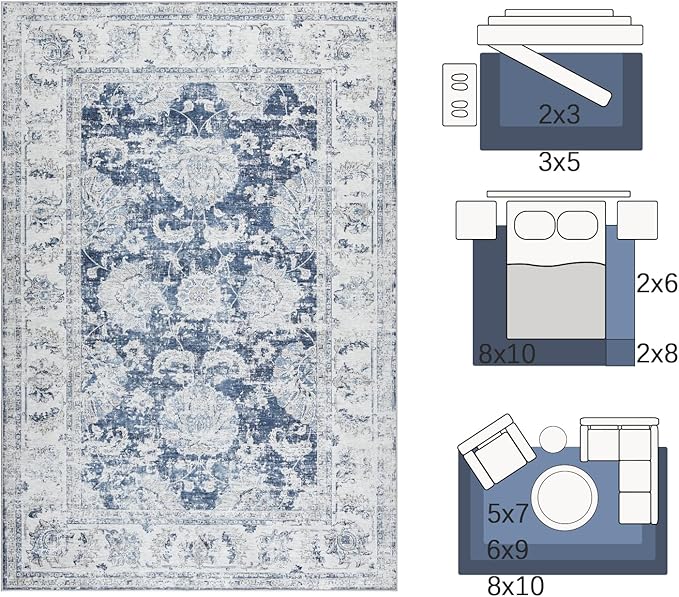 jinchan Fiora Floral 2x3 Rug for Entryway - Vintage Washable Area Rug Ultra-Thin Low Pile Soft Small Non Slip Distressed Indoor Door mat Accent for Entrance Kitchen Bathroom Bedroom (2x3ft, Dark Blue)
