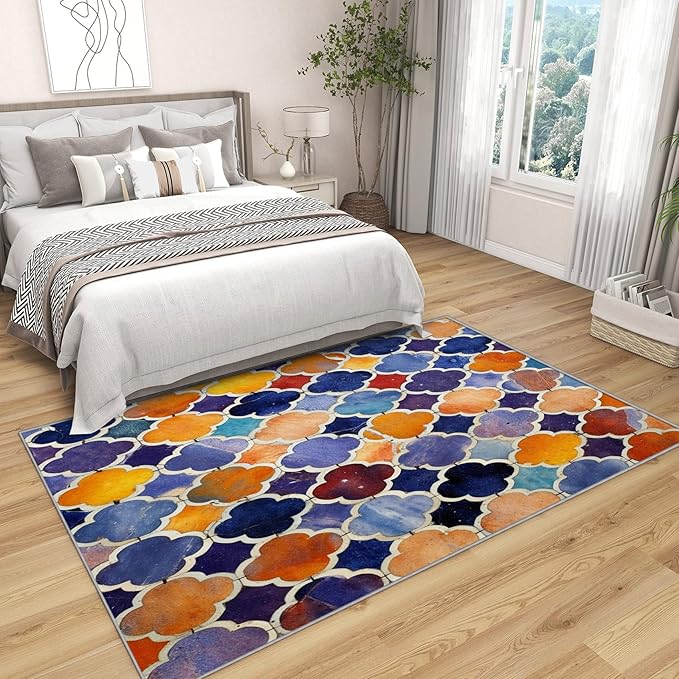 Moroccan Rugs for Living Room - 7x9 ft, Moroccan Trellis Rug, Colorful Geometric Rugs for Living Room Bedroom, Oriental Tile Washable Area Rug Soft Carpet, Traditional Patchwork Decor & Gifts
