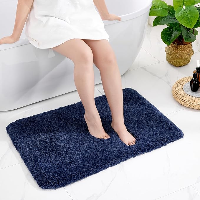Small Bathroom Rugs 17x24 Non Slip Navy Fluffy Bath Mat for Bathroom Floor Machine Washable Plush Luxury Bath Rug for Tub Soft Shaggy Absorbent Shower Mat