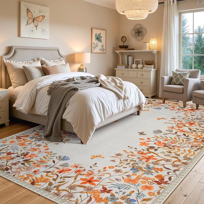 Wonnitar Fall Washable 5x7 Rug for Bedroom, Low Pile Soft Boho Floral Living Room Area Rug, Non Slip Throw Carpet for Girls Room Nursery Playroom Guest Room (Orange,5'x7')