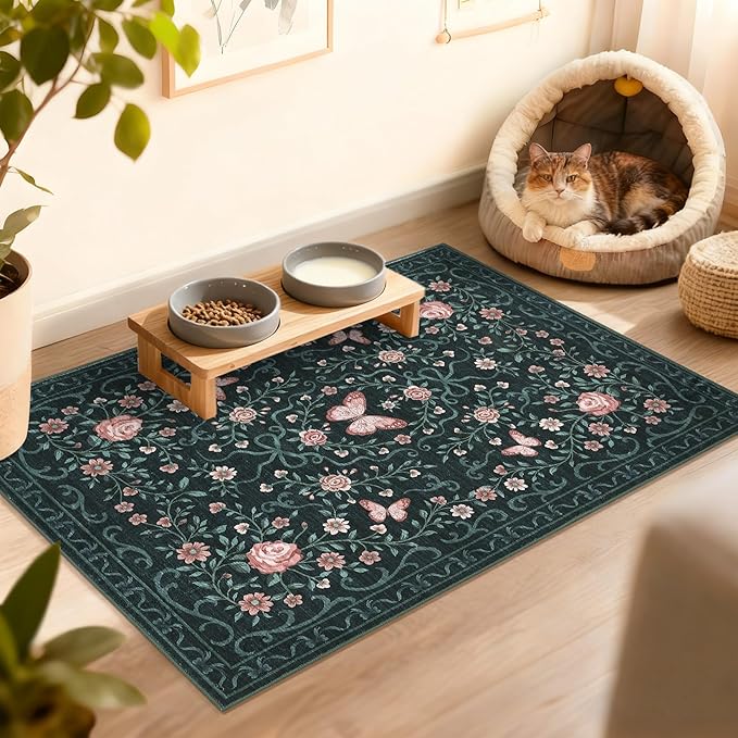 GarveeHome 2x3 Floral Area Rug Non Slip Entryway Mat Low Pile Stain Resistant Butterfly Kitchen Rugs Soft Small Throw Carpet for Dining Room Bedroom Washable Bow Rugs for Living Room Bathroom, 2x3
