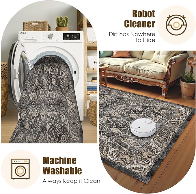 Washable Area Rug 8' x 10' Vintage Traditional Persian Mat - Foldable Distressed Non-Slip Machine Washable Carpet for Living Room Bedroom Kitchen Home Decor - Ebony and Taupe