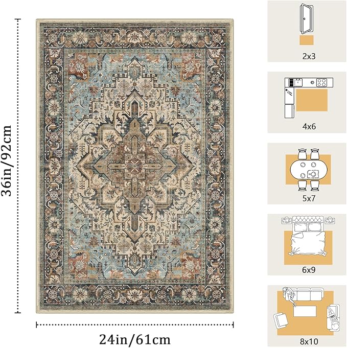 2x3 Machine Washable Area Rug for Entryway, Blue Beige Boho Vintage Floral Rug Non-Slip Low Pile Soft Faux Wool Small Carpet, Kids and Pets Friendly for Bedroom Kitchen Hallway Bedside Home Decor Rug