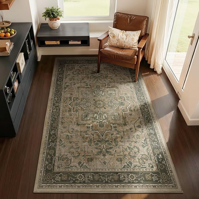 Vintage Medallion 4x6 Area Rugs for Living Room, Washable Non Slip Bedroom Bedside Throw Rug, Distressed Printed Low Pile Carpet for Entryway/Home Office/Kitchen, Multi Brown/Green