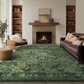 Large Vintage Area Rugs 9x12 for Living Room, Dark Green Tranditional Distressed Medallion Printed Big Carpet Rugs for Bedroom, Washable Non Slip Low Pile Thin Rugs for Dining Room