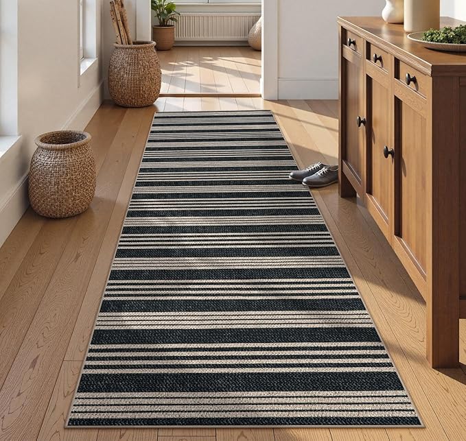 Lahome Striped Easy Jute Kitchen Runner, 2x8 Washable Indoor Outdoor Entryway Runner Rug, Farmhouse Non Slip Non Shedding Neutral Carpet for Hallway Porch Foyer