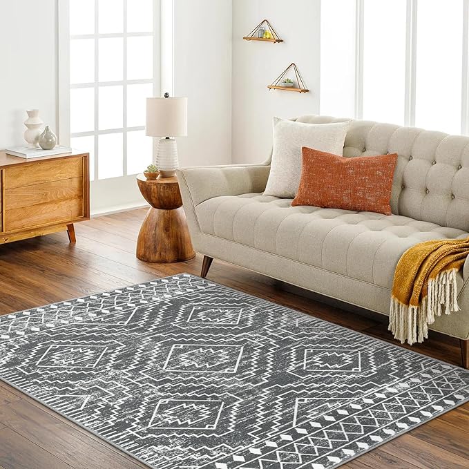 Wonnitar Moroccan 5x7 Washable Rug, Large Grey Area Rug for Living Room, Non-Slip Boho Bedroom Carpet Thin Soft Non-Shedding Farmhouse Rug for Dining Room Table Kitchen Home Office (Dark Grey,5'x7')