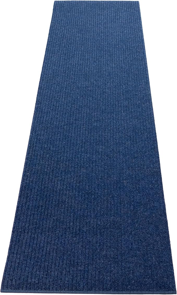 English Home Custom Size Non Slip Striped Design Durable PVC Non Slip Backing Tough Pile Runner Rug for Hallway, Outdoor, Indoor, Commercial, Residential, Pool, Office (Dark Blue, 36" x 30')