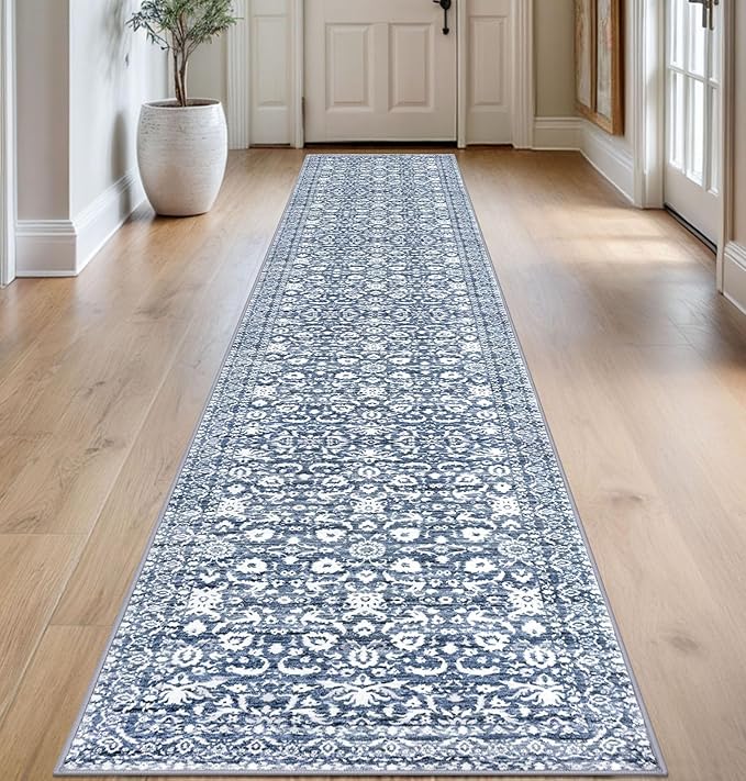 Runner Rug 2.6x14, Light Blue White Washable Long Hallway Rug Runner Non-Slip Soft Kitchen Runner Thin Printed Faux Wool Super Soft Carpet for Entryway Bedroom Laundry Room Indoor Home Decor