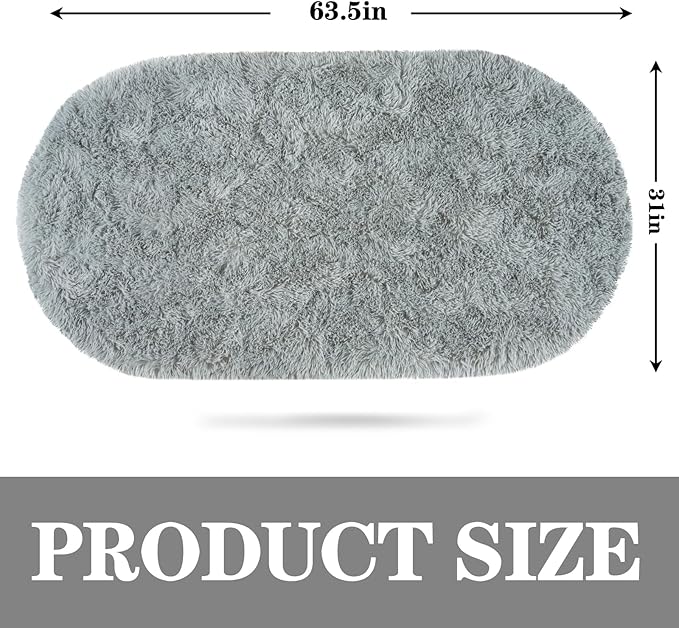 Soft Fluffy Area Rug for Bedroom, Fuzzy Shaggy Oval Throw Rugs for Bedside, Non-Slip Cozy Plush Shag Carpet for Kids Room Nursery Dorm Living Room, Grey, 2.6 x 5.3 Feet, 2 Packs