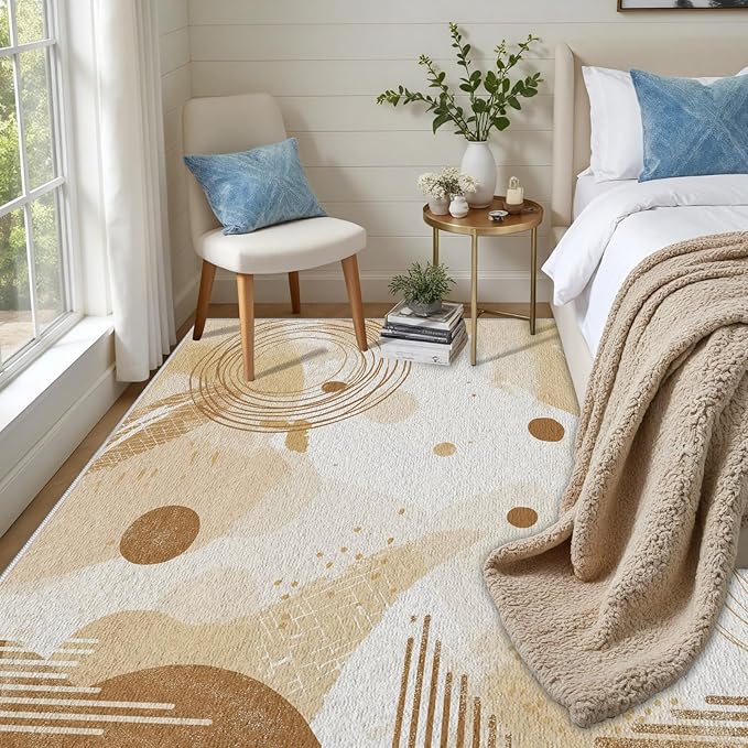Minimalist Abstract Area Rug 7x9 Beige Boho, Modern Washable Geometric Art Carpet, Soft Non-Slip Low-Pile Carpet for Living Room, Bedroom, Kitchen, Dining Room, Pet Friendly, Non-Shedding, Brown