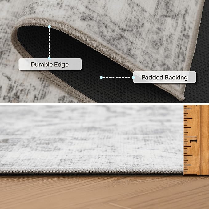 ReaLife Rugs Machine Washable Area Rug - Living Room Bedroom Bathroom Kitchen Entryway Office - Padded Low Pile Stain Resistant Premium - Boho Farmhouse Vintage - Noor - Ivory Grey 5' x 7'