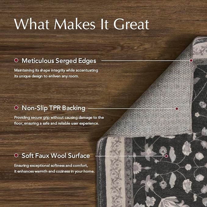 EVERGRACE Area Rugs for Entryway 2x3, Boho Floral Faux Wool Indoor Outdoor Small Rugs, Washable Rugs for Bedroom Bathroom Laundry Doormat, Low Pile Floor Mat Carpet for Home Decor, Ebony Black