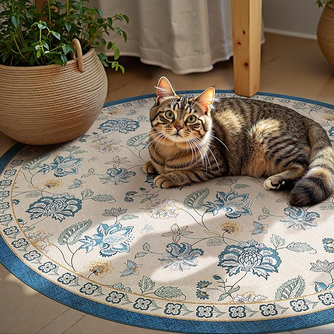 jinchan Elora 6ft Floral Round Rug for Dining Room Washable Living Room Rug Vintage Romance Design Non Slip Indoor Floor Cover Lightweight Low-Profile Throw Carpet for Bedroom Porch Patio, Blue/Beige