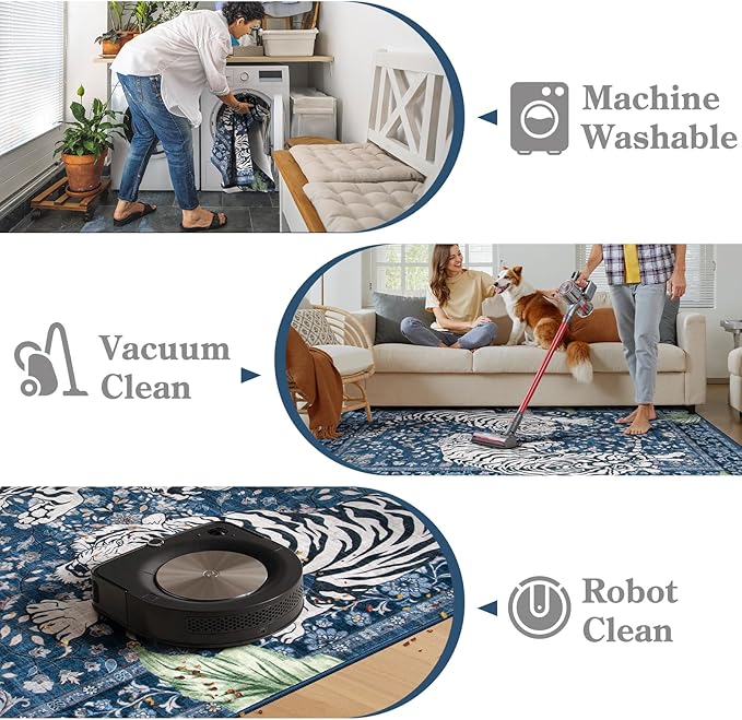 Moynesa Tiger Machine Washable Rug, 3x5 Entry Area Rug Non Slip Vintage Soft Rug for Living Room, Ultra Thin Boho Stain Resistant Kitchen Throw Mat for Entrance Bedside, Blue