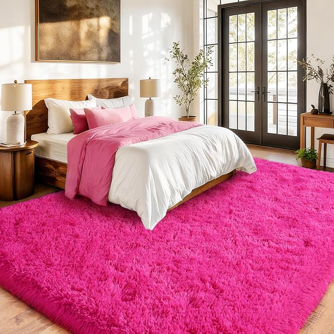 Soft Shaggy for Bedrooms, Hot Pink Area Rug, Fluffy Rugs for Living Room, Cozy Fuzzy Carpet for Kids, Perfect Indoor Decor for Boys and Girls 4x6 Feet