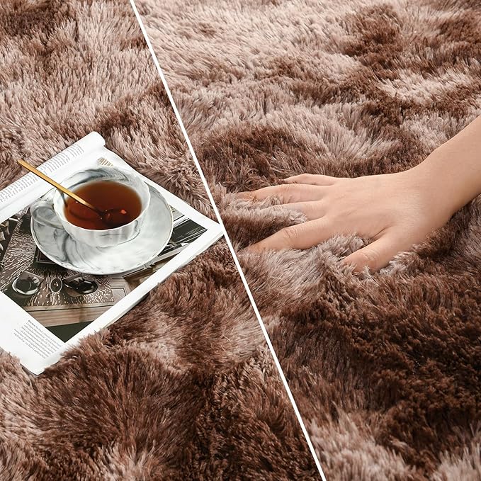 Large Shag Area Rugs 6 x 9, Tie-Dyed Plush Fuzzy Rugs for Living Room, Ultra Soft Fluffy Furry Rug for Bedroom, Indoor Carpet Nursery Rugs for Kids Room Home Decor, Coffee