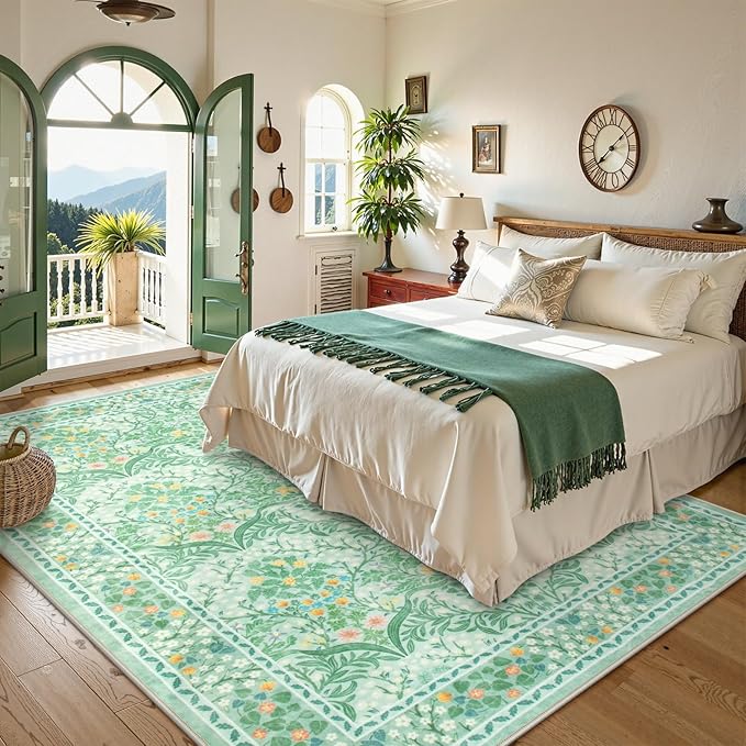 Lahome Floral Washable Area Rugs 5x7, Soft Green Rugs for Living Room Bedroom, Boho Non Slip Low Pile Forest Stain Resistance Large Throw Carpet for Farmhouse Dining Room Office,Sage Green