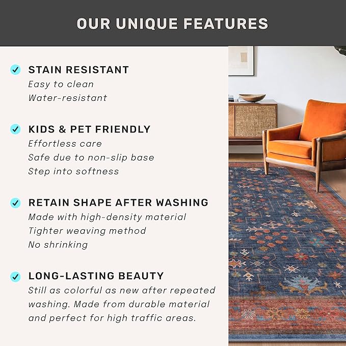Washable 3x8 Long Runner for Wide Kitchen Floor - Navy Blue 8ft Hallway Runner Rug, Pet Friendly Waterproof Non Slip with Rubber Backing, Stain Resistant Area Rug