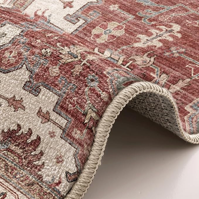 LUMI 5x8 Washable Area Rug for Living Room, Ultra Soft Traditional Vintage Red Rugs Non Slip with Rubber Backing, Low Profile, High Traffic, Stain Resistant Carpets, Ideal for Bedroom, Dining Room