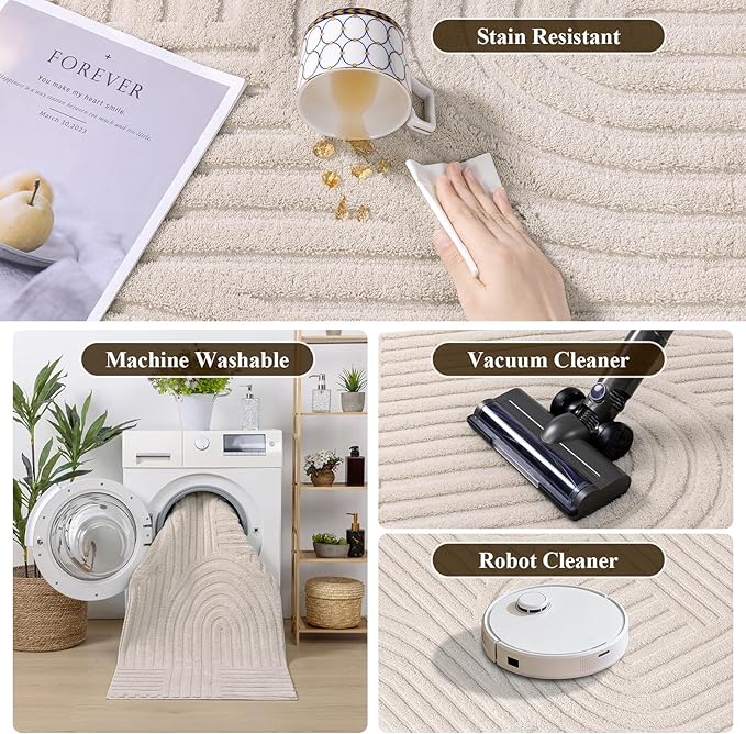 SHACOS Soft Cozy Fluffy Arch Pattern High Low Pile Area Rugs 4'x6' Non Slip Washable Scandinavian Minimalist Rug Modern Geometric Arc Carpet for Living Room Bedroom Dining Room, Beige