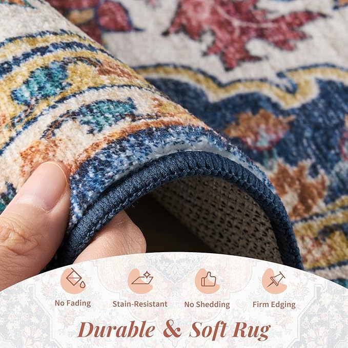 tchdio 5x7 Area Rugs for Living Room, Vintage Non Slip Washable Rug, Soft Low Pile Area Rug Large Floor Indoor Carpet for Bedroom, Dining Room, Office (Multi, 5'x7')