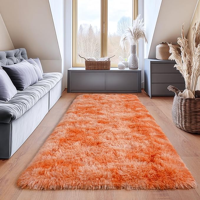 Fluffy Area Rugs for Living Room, Soft Shaggy Carpets for Living Room, Upgrade Anti-Slip Fuzzy Rugs for Kids' Room, Perfect Decor for Modern Home Tie Dye Orange 2x6Feet