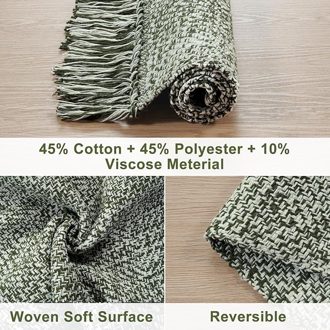 Collive Washable Boho Carpet Runners for Hallway 2.6x12ft, Farmhouse Long Rugs for Kitchen Cotton Hand Woven Bedroom Runner Rug Olive Green/Cream Low Pile Natural Floor Carpet for Indoor Hall Entryway