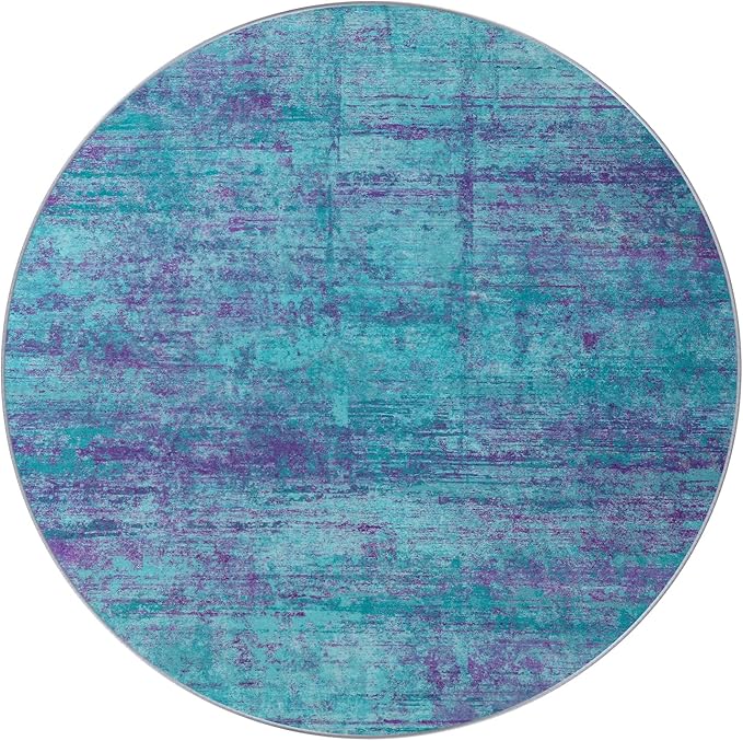 Round 6ft Abstract Rug, Modern Washable Indoor Circle Area Rugs for Living Room, Soft Large Circular Non-Slip Carpet Floor Mat for Bedroom Dining Room Home Office - Teal+Purple