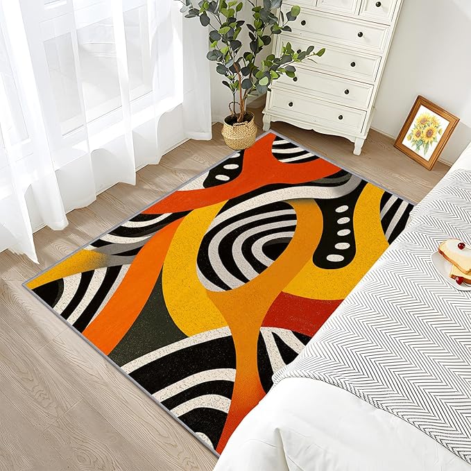 Hippie Rug, Pop Art Colorful Abstract Area Rugs 5x6, Retro Aesthetic Funky Non Slip Thin Carpets House Decor #C097
