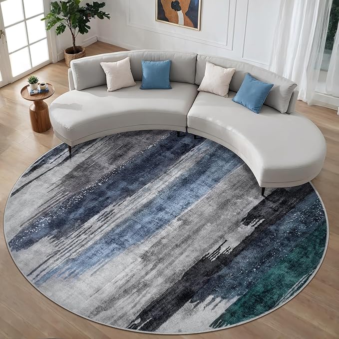 Ciicool 6ft Round Washable Rug, Modern Abstract Circle Rugs, Non-Slip Thin Low-Pile Rug Navy Grey Circular Print Distressed Carpet for Bedroom Living Room Under Dining Table Home Office Decor