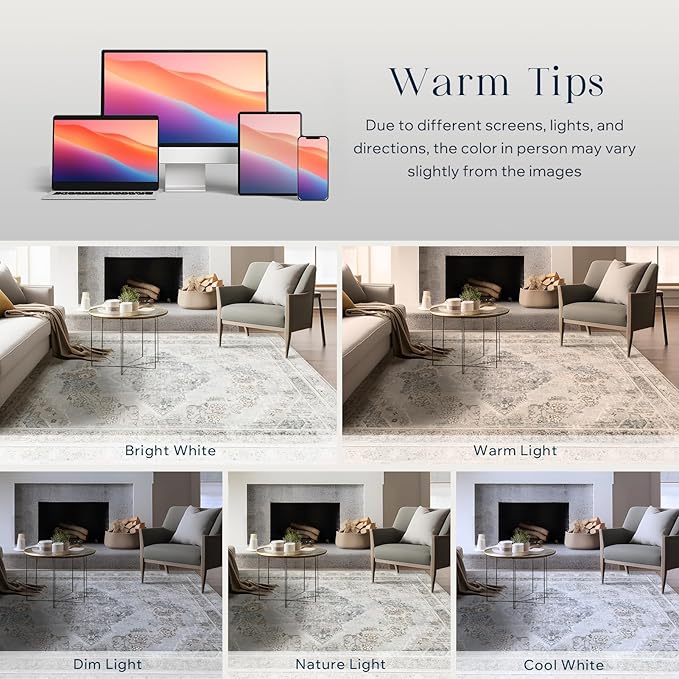 Phantoscope Washable Area Rug 8'x10' Non-Slip, Vintage Neutral Rugs for Living Room, Bedroom, Dining Room, Distressed Boho Medallion Pattern, Low-Pile Foldable Floor Carpet, Silver Grey/Taupe