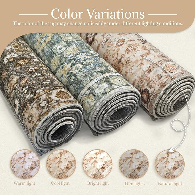 Washable Area Rugs 5'x7' Non-Slip Vintage Boho Distressed Fade Resistant Low Pile Carpet for High-Traffic Living Room, Bedroom & Dining Room