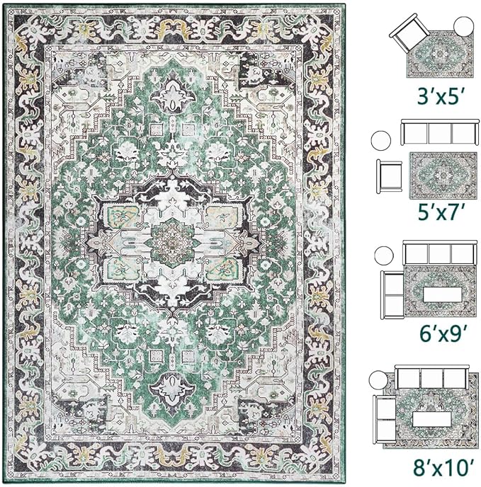 Large Area Rugs 6x9 , Washable Vintage Rugs -Low Pile, Soft Plush Rugs for Bedroom, Kitchen, Dining Room, Stain Resistance, Non Shedding & Kid & Pet Friendly, Green