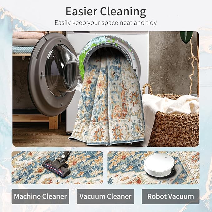 Enkor Area Soft Rugs 5x7 Washable Non Slip Boho Floor Rugs for Living Room Bedroom, Vintage Style Farmhouse Mat for Kitchen Entryway Orange & Blue
