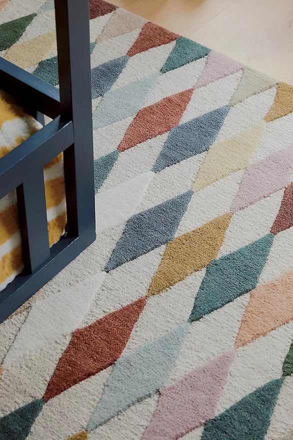 Hand-Tufted Wool Rug with Multicolor Diamond Pattern (2.5x12 Ft) - Modern Geometric Accent Rug for Living Room, Bedroom, or Office, Ivory Base