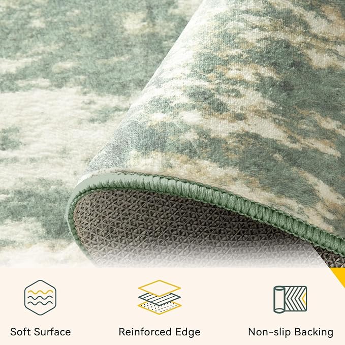 Washable Area Rugs 7'x9' Non-Slip Modern Abstract Soft for Living Room Entryway Bedroom Nursery, Print Pattern, Light Green/Yellow