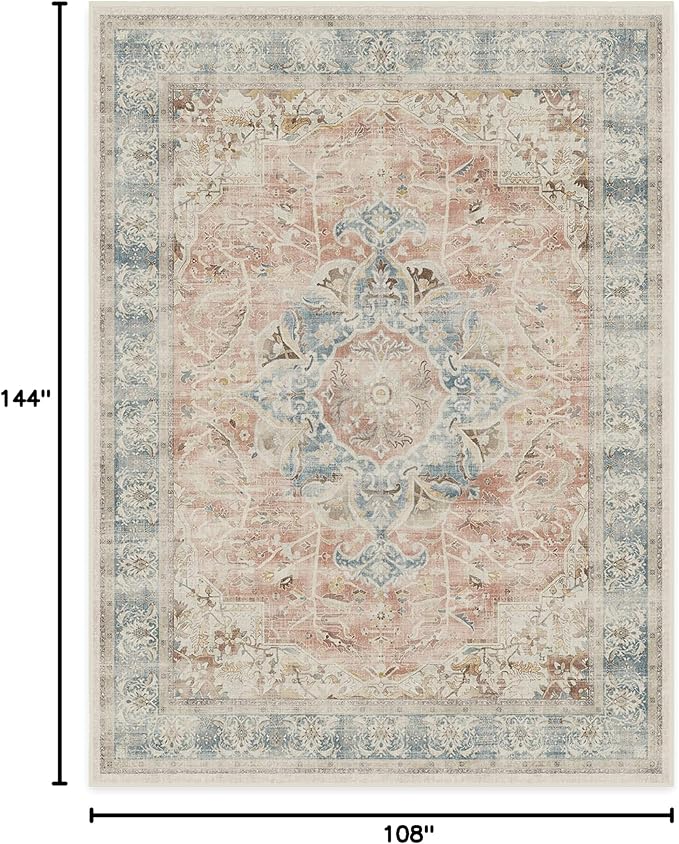 RUGGABLE Washable Vintage Area Rug – Sarrah Coral 9x12, Stain-Resistant, Non-Slip – Large Machine Washable Rugs for Living Room, Bedroom, Hallway, Entryway & Office–with Standard Pad