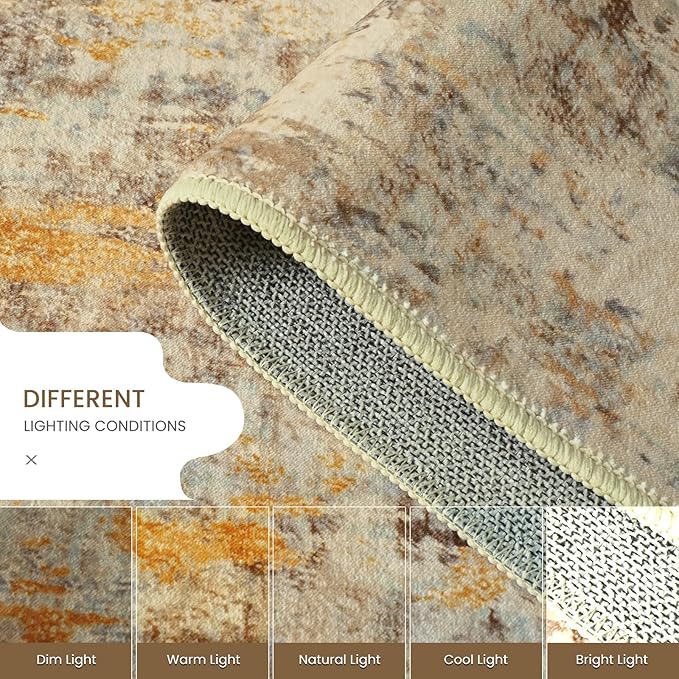 Area Rug 4x6 Beige Rug Washable Boho Rugs Non Slip Low Pile Abstract Small Carpet for Entryway, Bedroom, Kitchen, Classroom, Kids Room, Office, Dorm, Dining Room Light Tan