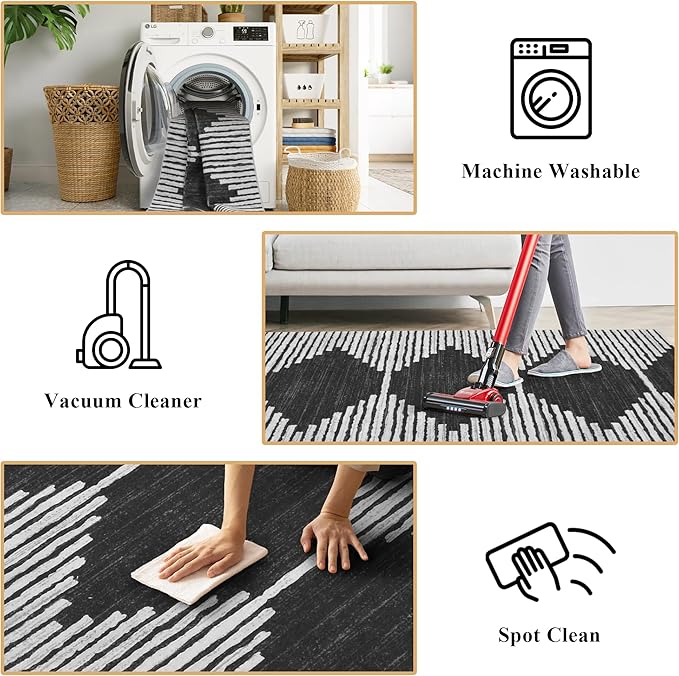 HelloTree Area Rug for Living Room 6x9 Washable Geometric Moroccan Rug Stripe Farmhouse Bohemian Minimalistic Non Slip Non Shedding Ultra Thin Soft Rug for Bedroom Office DiningRoom Nursery-Black